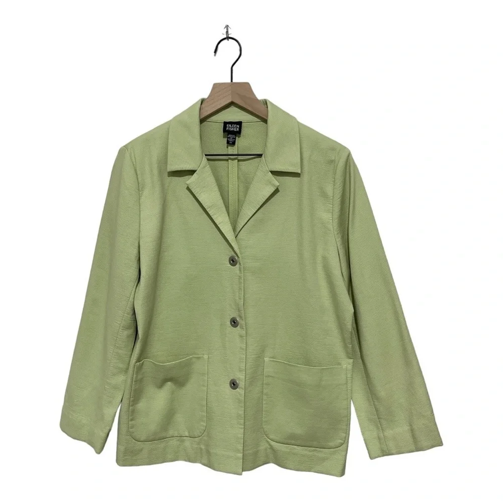 Eileen Fisher Textured Cotton Green Snap Jacket Blazer  Size M